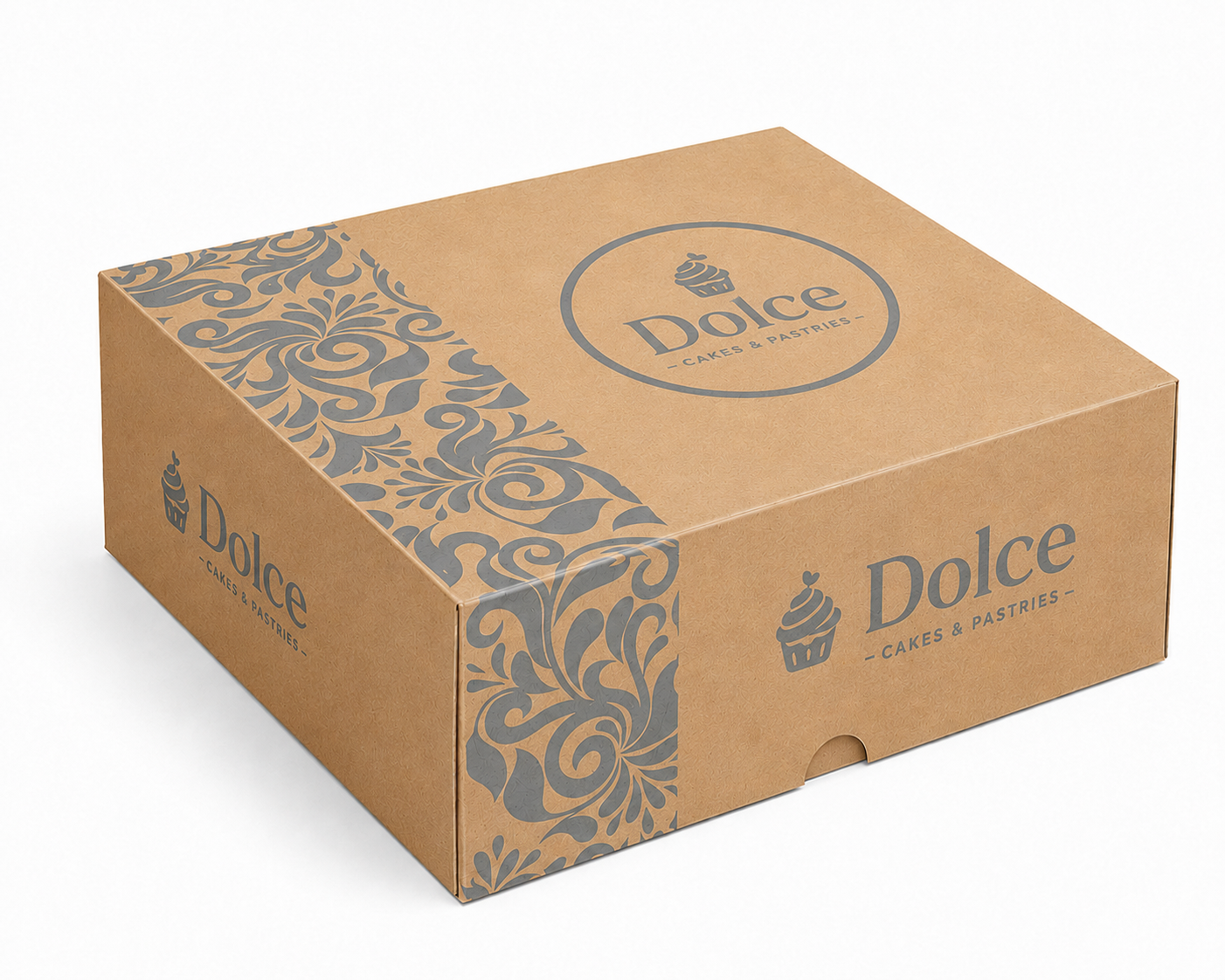 Kraft Dolce Cakes and Pastries box with a grey damask side panel